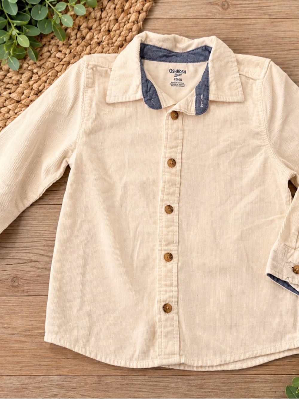 OshKosh B'gosh Cream Corduroy Button-Down Shirt with Navy Collar